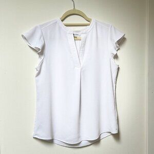 Calvin Klein Flowy Flutter Sleeve Split Neck White Blouse - Size Small